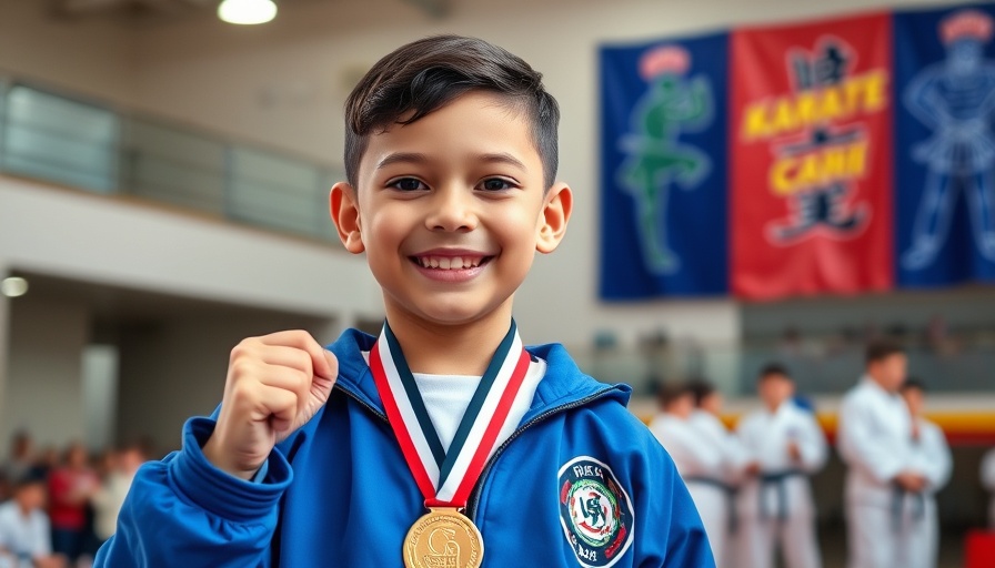 Young boy with a karate medal smiling after karate lessons in Gurnee.