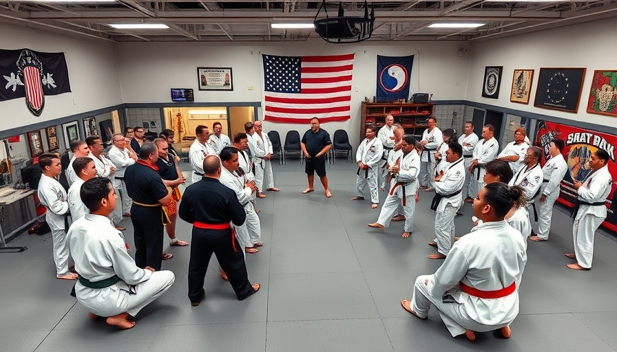 Martial arts class in a modern dojo with group discussion.