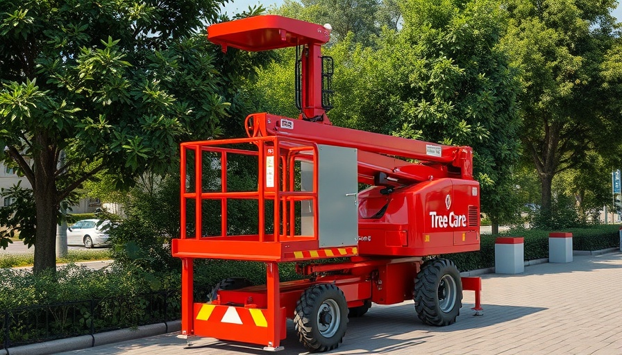 Red tree care machine on display outdoors, best tree care new product.
