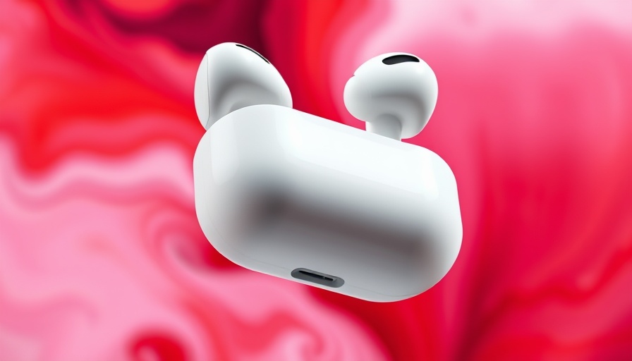 Apple AirPods Pro with dynamic floating effect, red and pink background.