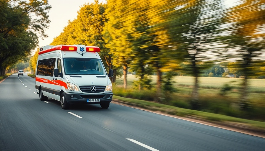 Ambulance driving on rural road during morning light.