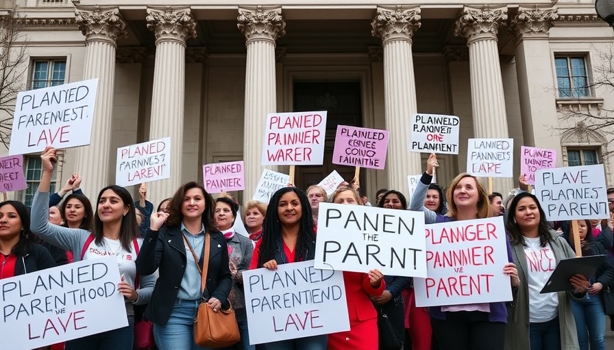 Protesters advocating for Planned Parenthood in front of a historic building.