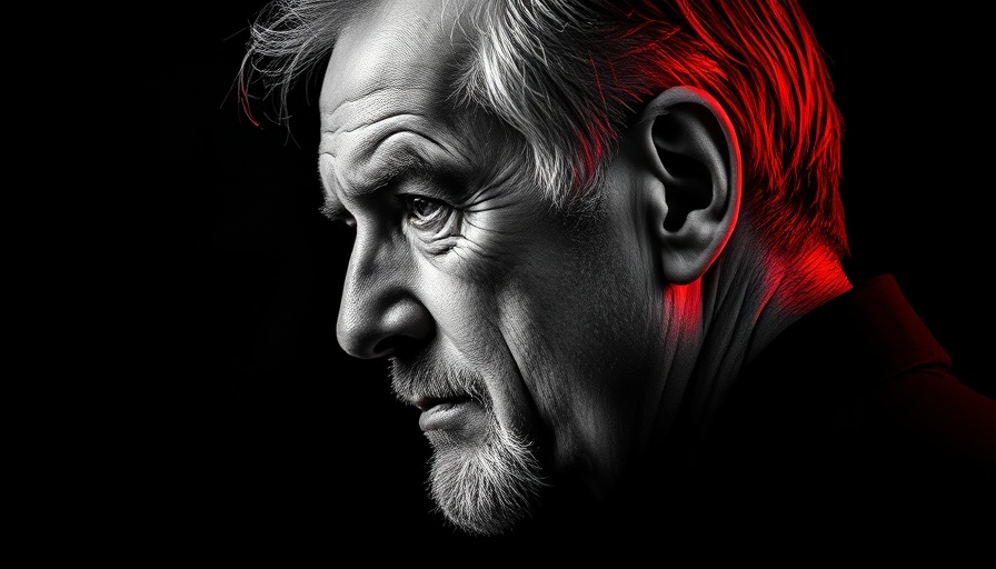Profile of older man with red outline, high-contrast design