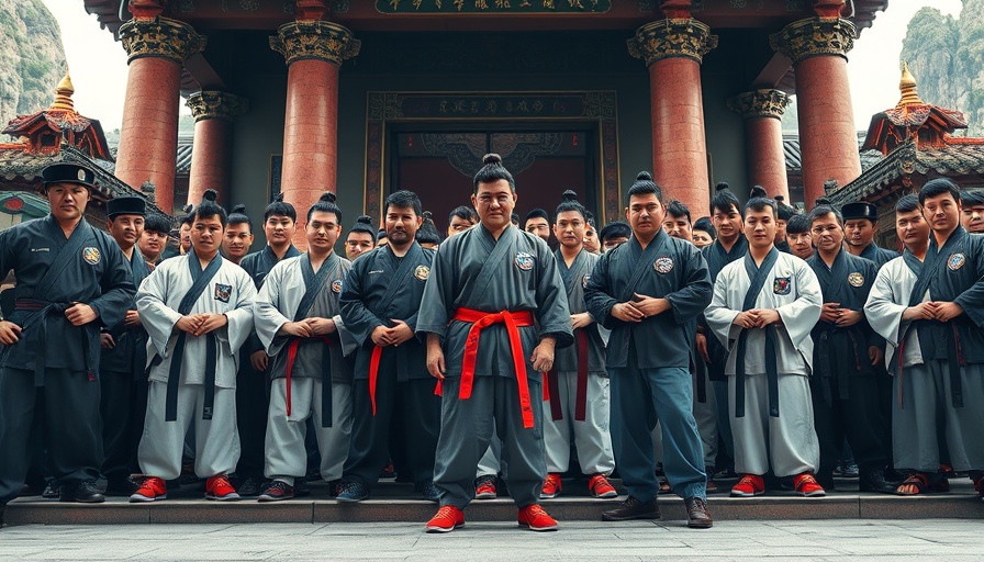Group of martial artists at a ceremonial gathering in traditional uniforms at a dojo.