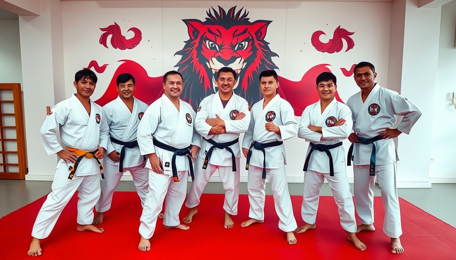 Martial artists in uniforms at self-defense classes Gurnee, lion mural background.