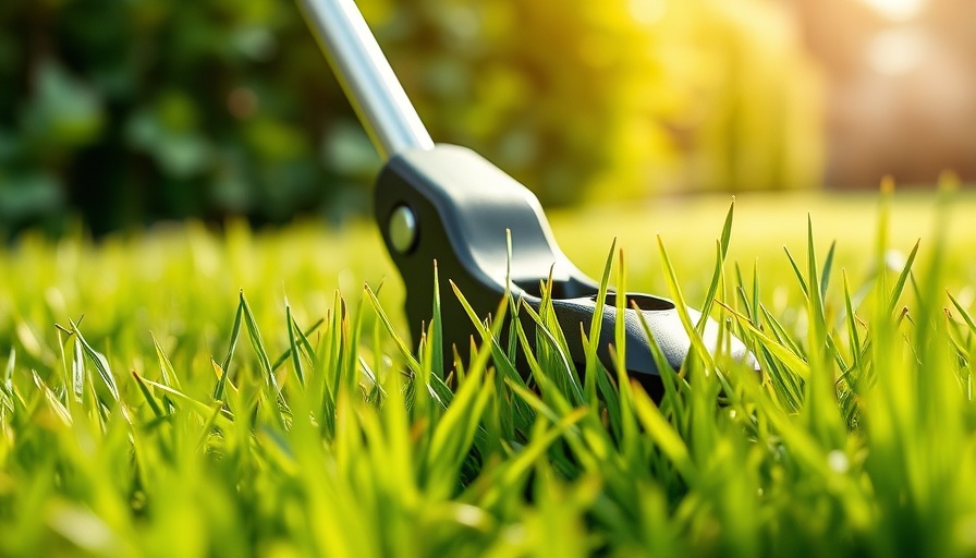 Manual grass trimmer cutting grass in lush garden - lawn care services.