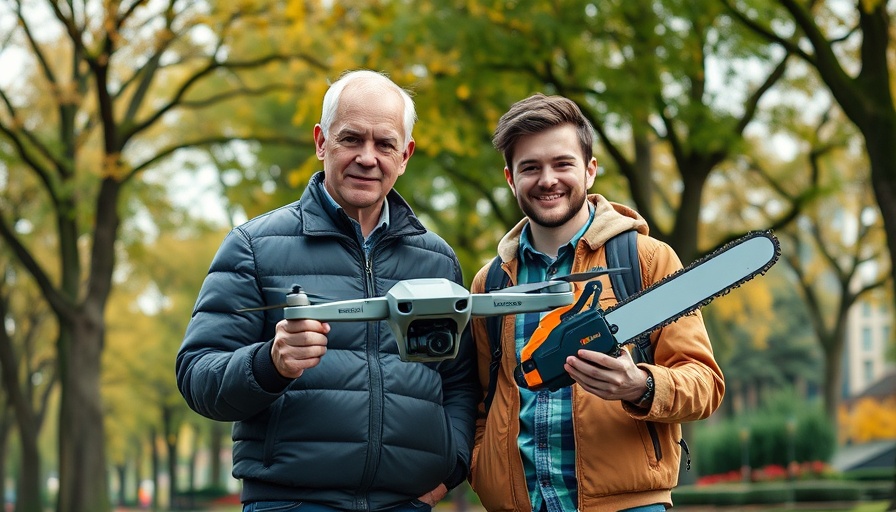 AI chainsaw drones showcased by two people in a park setting.
