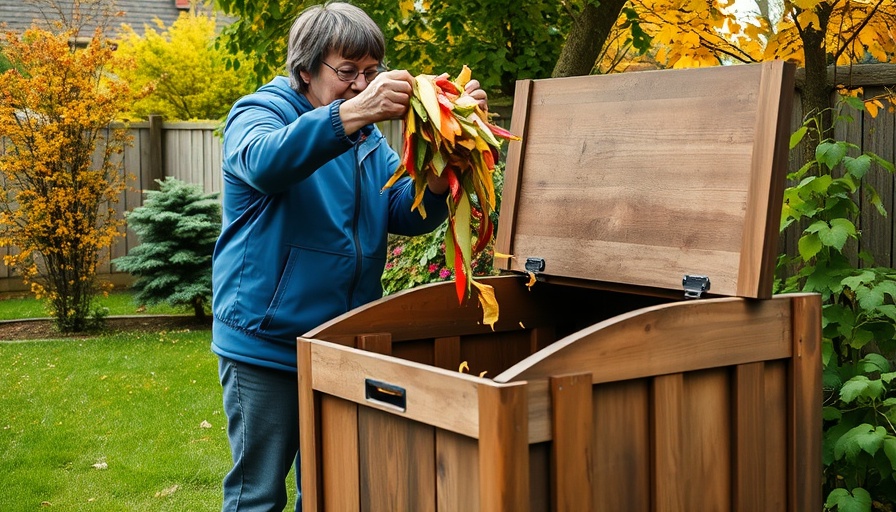 Person composting in fall garden, adding vegetable scraps to compost bin.