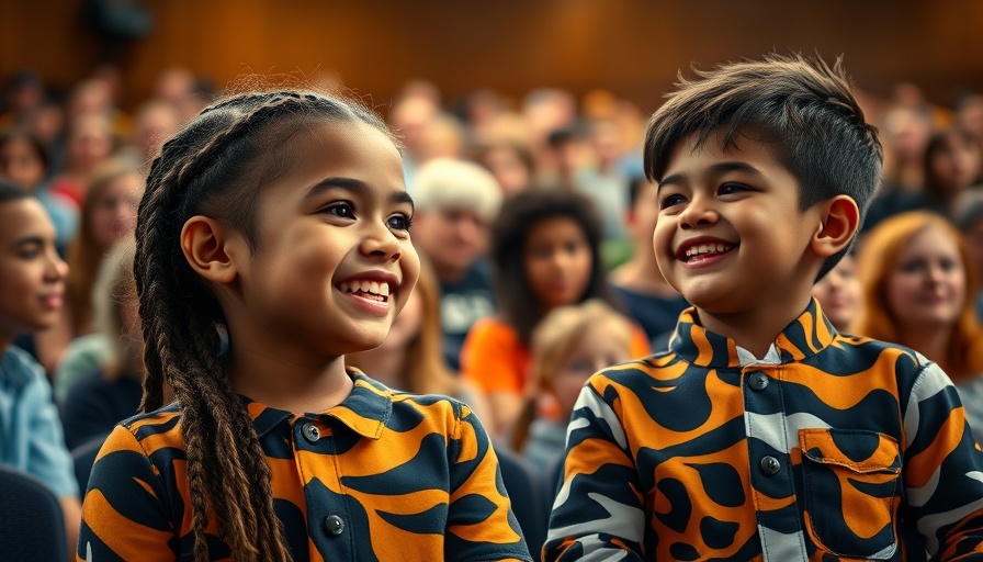 Smiling children in uniforms at an event, highlighting sibling bonds.