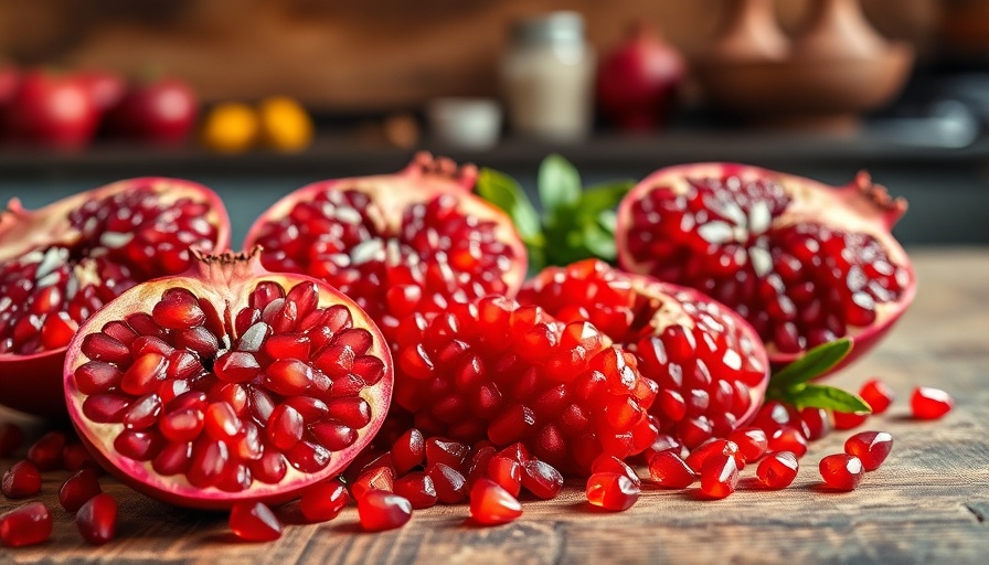 Fresh cut pomegranates highlighting health benefits on a wooden table.
