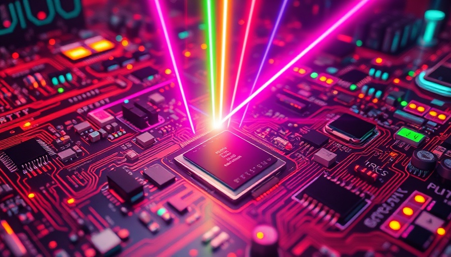 Vibrant futuristic circuitry with laser beams symbolizing Intel stock surge
