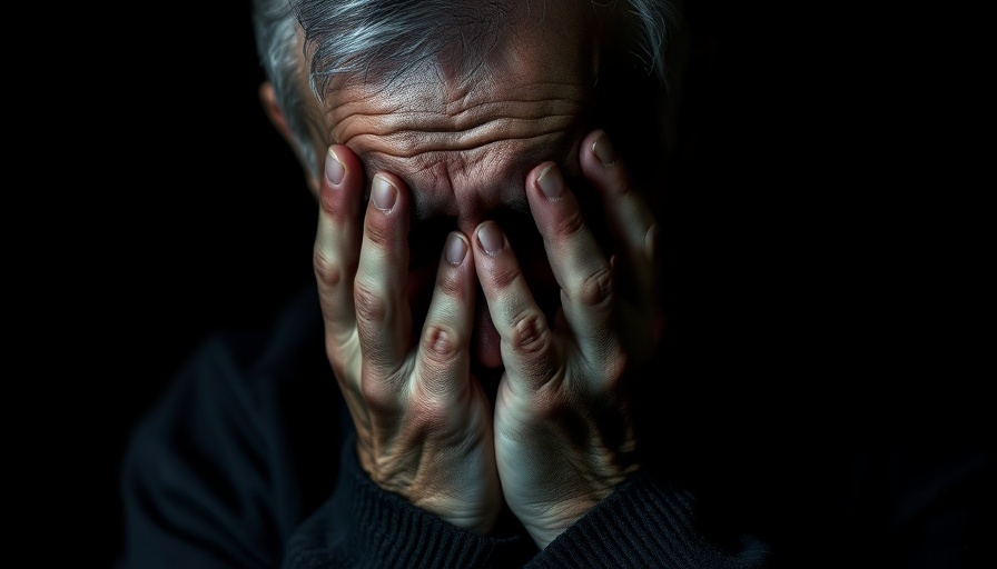 Older man covering face showing distress in dark lighting.
