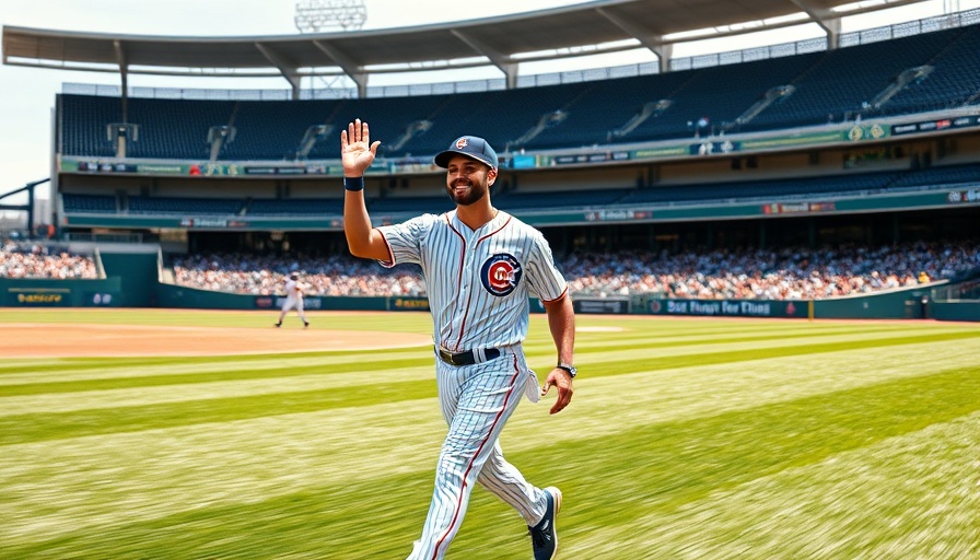 Confident baseball player waving on field, bright stadium scene.
