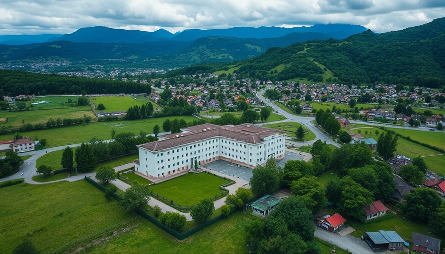 Aerial view of rural hospital with surrounding greenery and mountains.