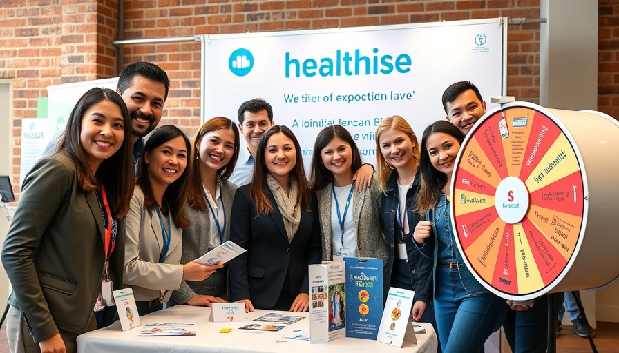 Senior health expo professionals at booth with brochures and prize wheel.