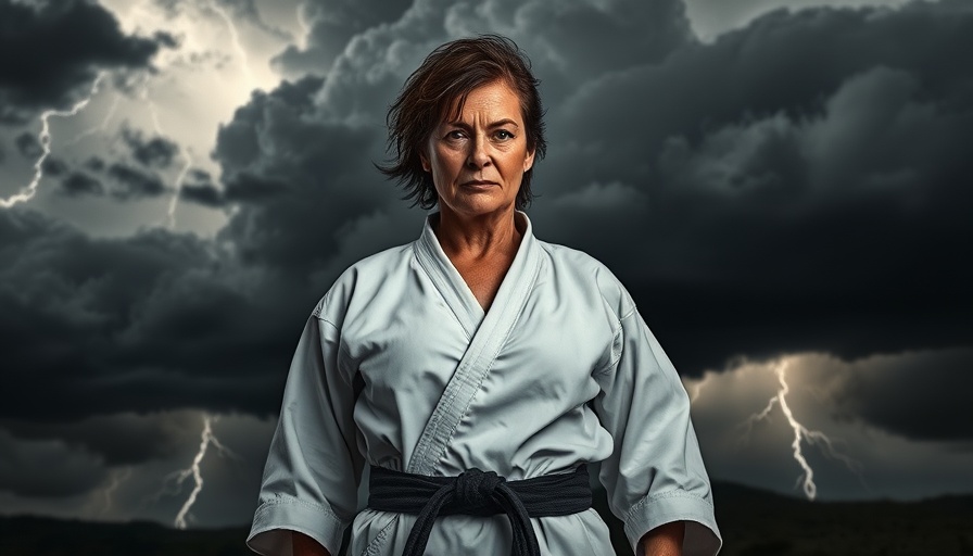 Middle-aged woman practicing martial arts against storm, martial arts classes Gurnee.