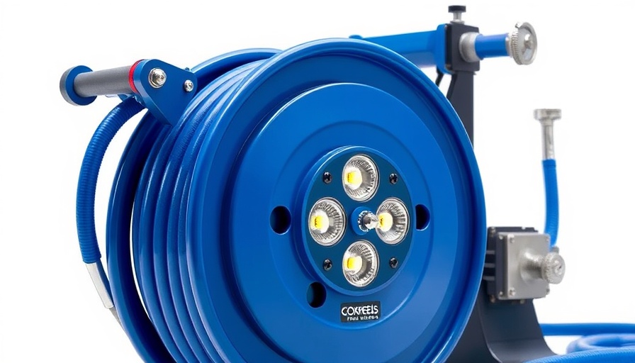 Coxreels LED lights with blue hose reel and attachments
