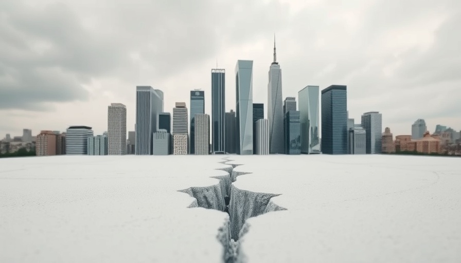Conceptual skyline diorama illustrating economic divide with crack.