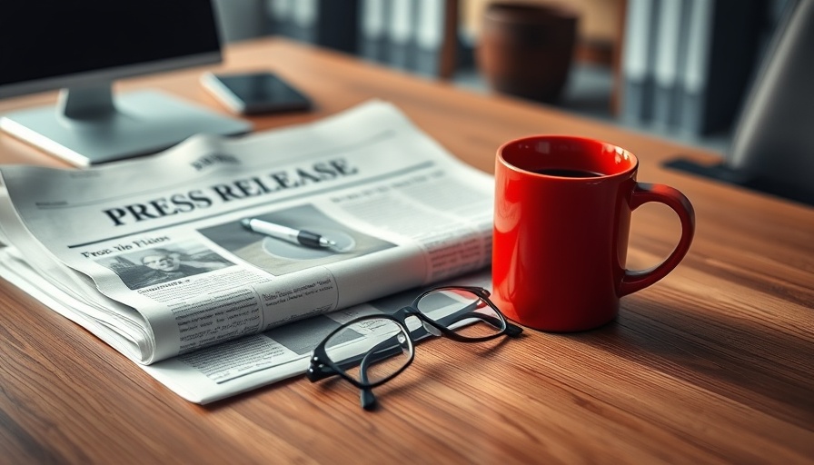 Press release layout with coffee on wooden desk, office scene.
