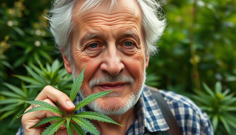 Elderly man holding cannabis leaf, serene garden setting.