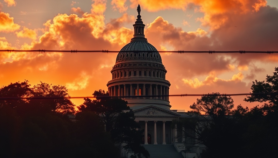 Dramatic sunset lighting on dome behind barbed wire fence