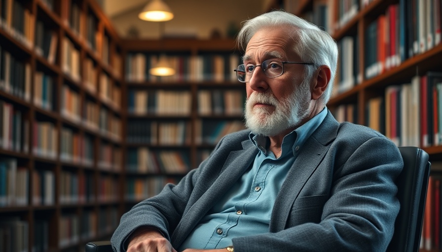 Thoughtful elderly man in a library, surrounded by books.