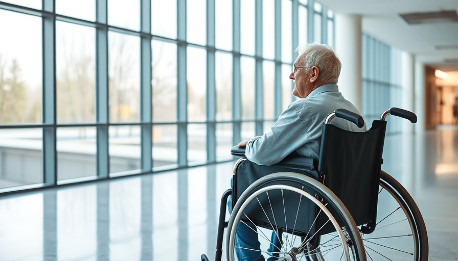 Elderly man in wheelchair in medical facility, Medicare and Medicaid.