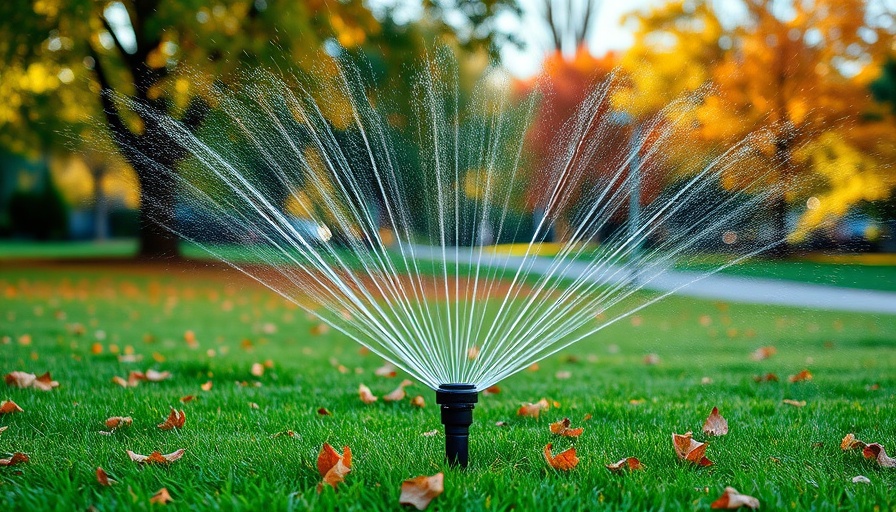 Sprinkler watering lawn in fall with autumn leaves.
