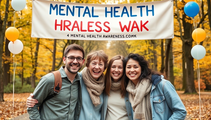 Family at mental health awareness walk in wooded park, Muskegon.