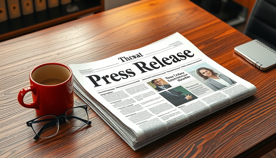 Office desk with press release, coffee cup, and glasses.