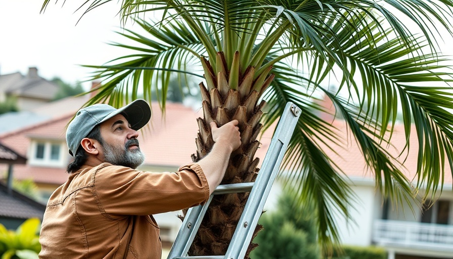 Tree pruning in autumn by gardeners using ladders and equipment.