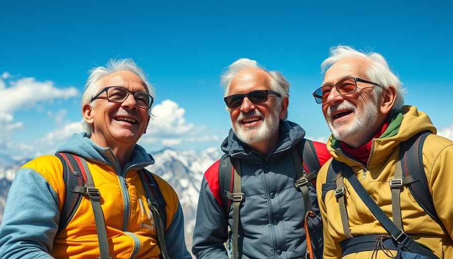 Active older men at a mountain peak, embracing the 90+ Rule of Retirement.