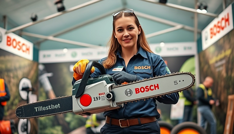 Professional woman with Bosch chainsaw at exhibition tent.