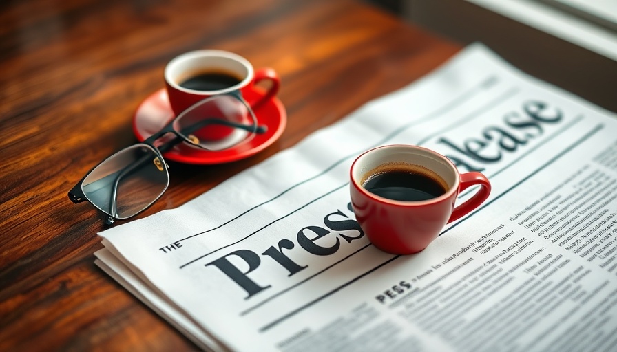 Press release newspaper with coffee and glasses on a desk.