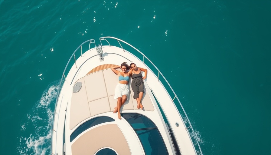 Aerial view of couple relaxing on a boat in blue water.