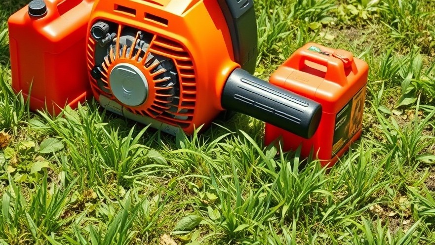 Photorealistic gas-powered leaf blower on green grass, showcasing electric landscaping equipment.
