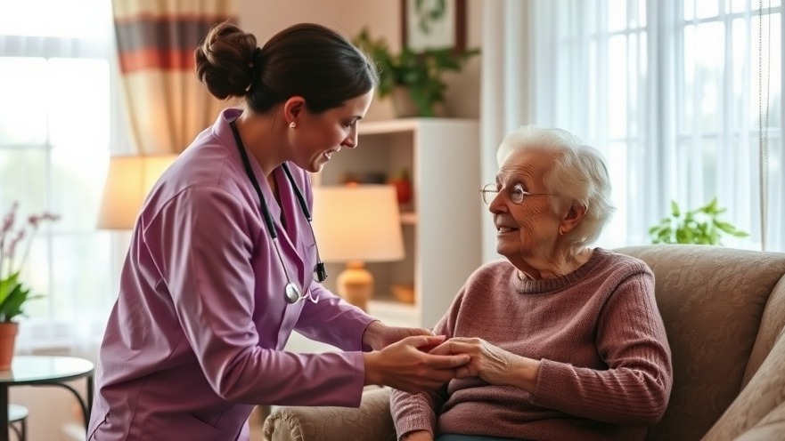 Muskegon home care nurse providing warm support to elderly patient post-surgery.