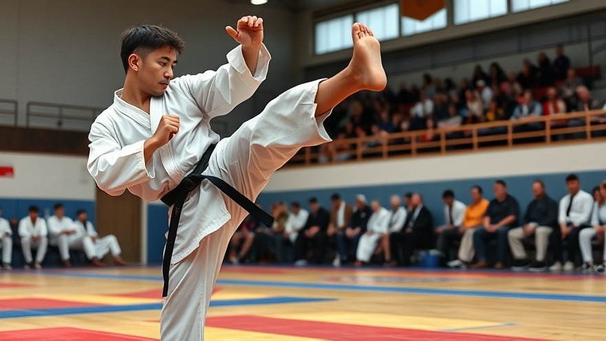 Martial artist in dobok demonstrating high kick, showcasing taekwondo history and discipline.