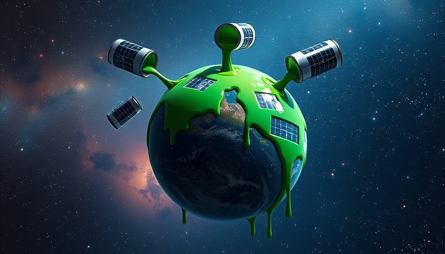Green slime pouring onto Earth from solar cans, Climate Tech Innovations 2025.