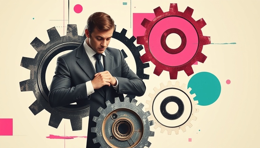 Businessman adjusting cogs in modern artistic collage.