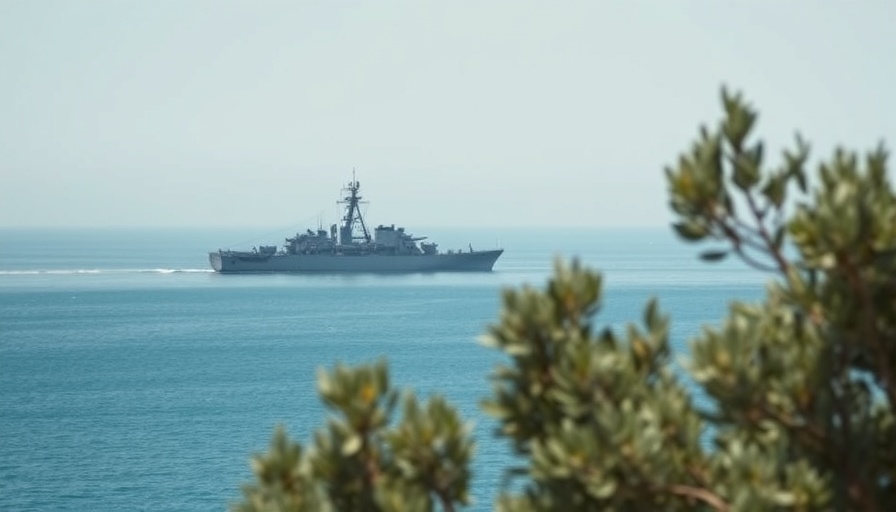 Distant warship in Mediterranean sea captured near olive trees, illustrating Russian naval presence.