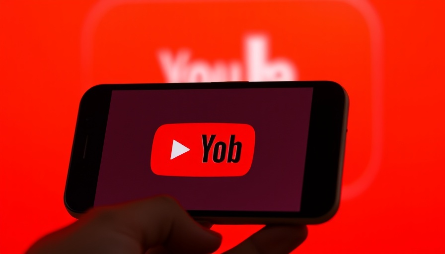 Smartphone with YouTube logo on screen, red background.