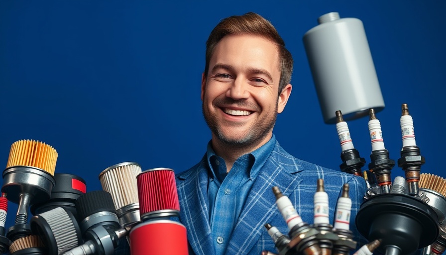 Smiling man with automotive parts, symbolizing First Brands bankruptcy context.
