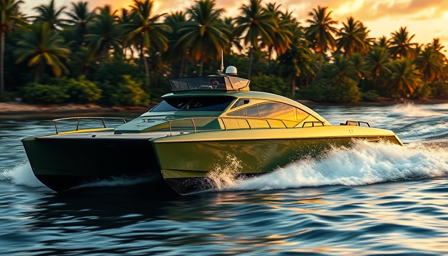 High-speed catamaran landing craft racing on tropical waters at sunset