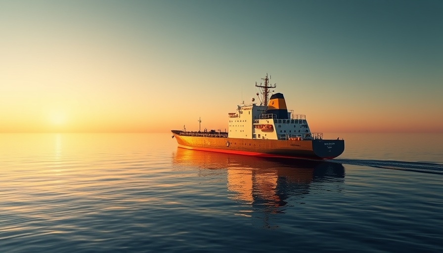 Hydrogen-powered cargo ship with crane at sunset.