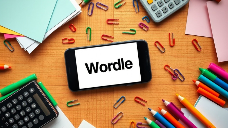Wordle hints and answer displayed on a phone with office supplies.