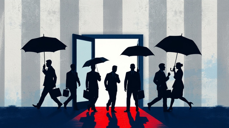 Abstract illustration of people with umbrellas symbolizing 2025 tech layoffs.