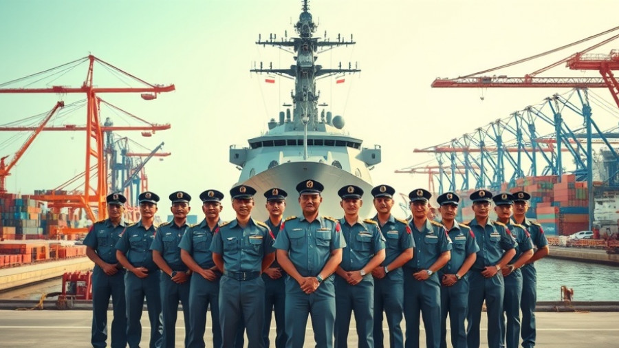 Indonesian Navy officers with hybrid-propulsion warship at harbor.
