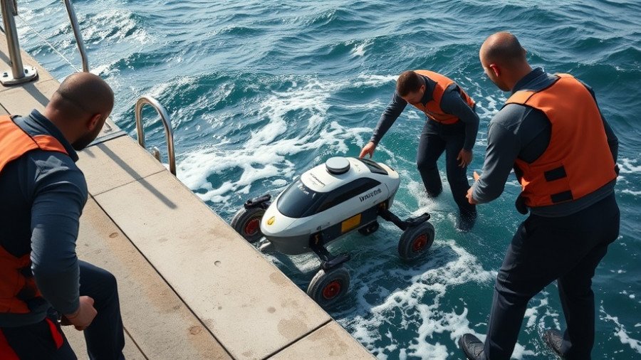 Technicians launch AUV into water showcasing US Navy AUV technologies.