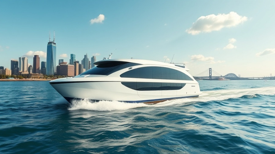 Modern electric ferry cruising with city backdrop.